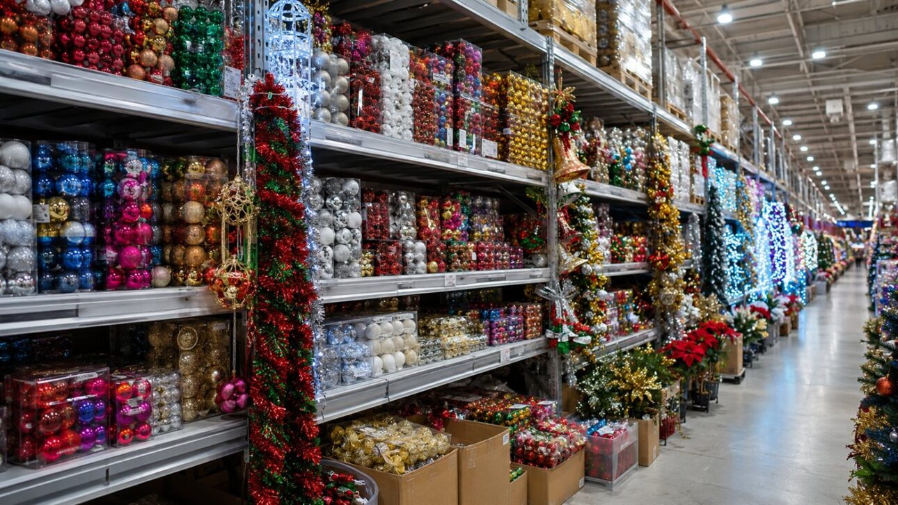 Prateleiras coloridas de enfeites de Natal numa loja atacadista