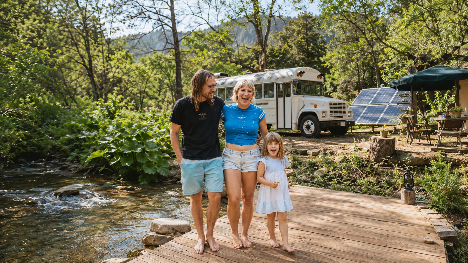 Casal da Califórnia abre mão da casa tradicional, compra 16 hectares de floresta isolada e passa anos limpando o terreno até criar vida autossuficiente com energia solar, água filtrada e ônibus adaptado