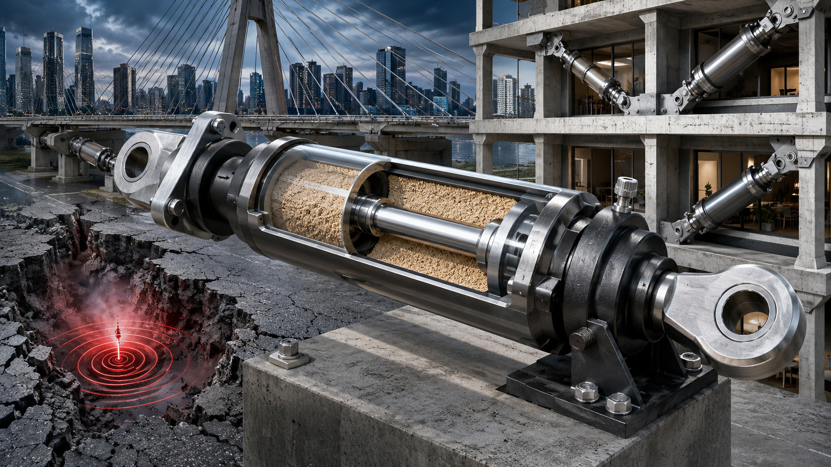 Engenheiros desenvolvem amortecedor de areia pressurizada capaz de dissipar a energia de terremotos e ventos fortes sem utilizar óleo, com resistênci