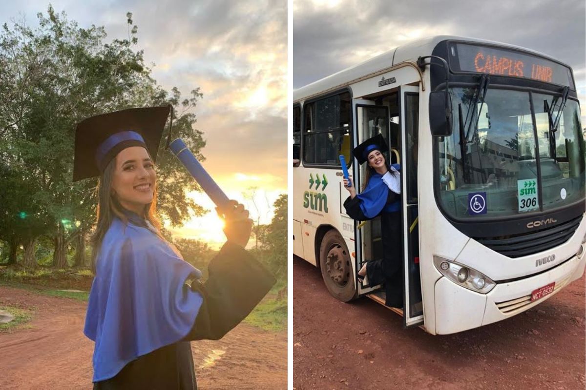 Formanda transforma ônibus que usava para ir à faculdade em cenário de ensaio de formatura em Porto Velho