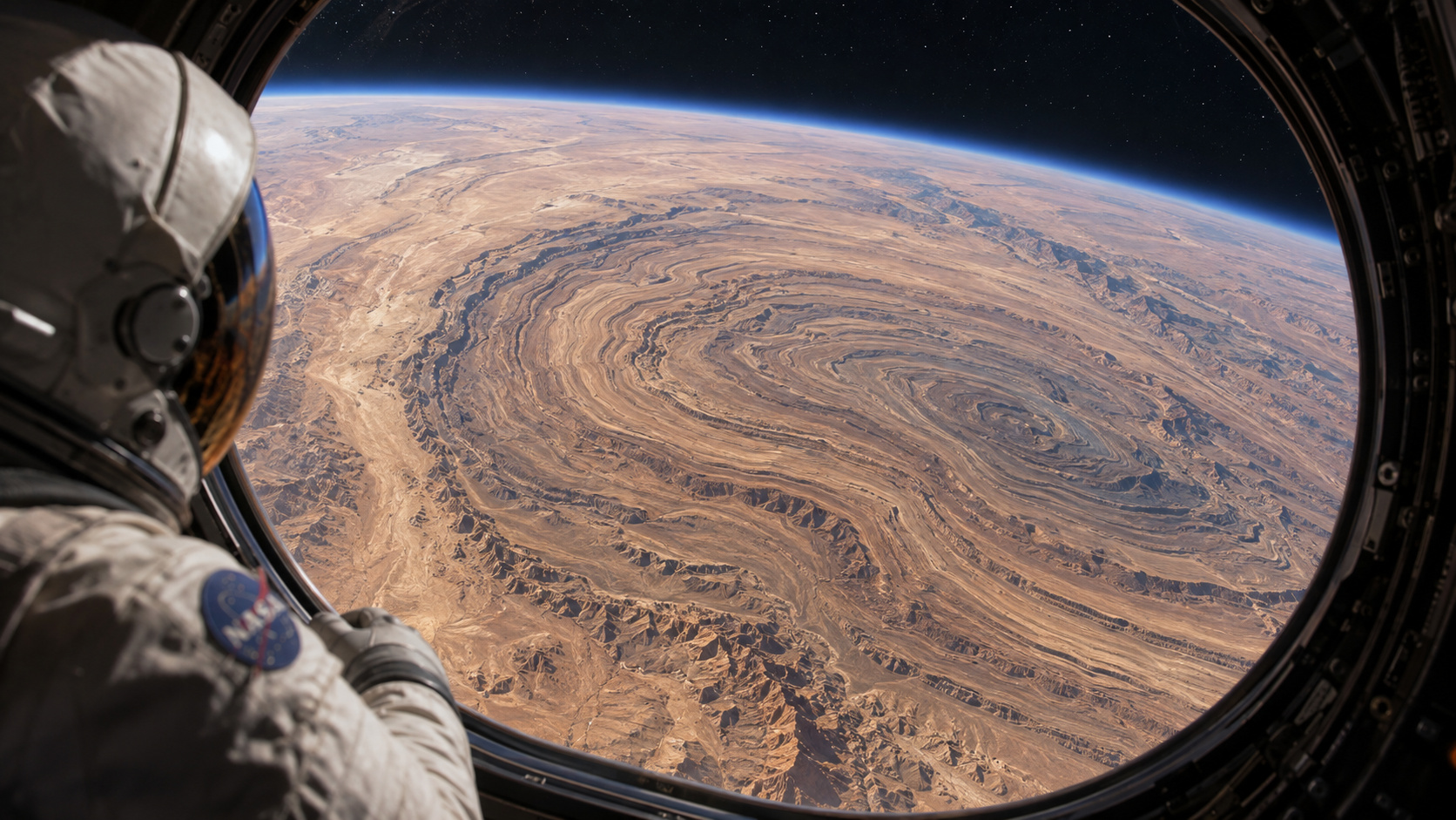 Astronauta olha para o Irã e registra do espaço uma paisagem que parece uma gigantesca cebola cortada: centenas de camadas de rocha dobradas e erodidas formam curvas visíveis por 105 km no coração do deserto