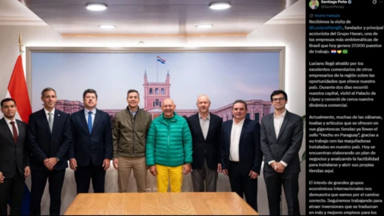 Luciano Hang, ao centro, visitou o presidente do Paraguai, Santiago Peña, e avalia abertura de lojas da Havan no país vizinho. (Foto: Reprodução / X / Santiago Peña)