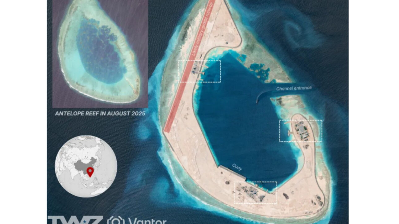 Gigantesca ilha artificial militar chinesa surge no Mar do Sul da China com aterro acelerado, pista de 3.000 metros, hangares, cais e espaço para sistemas de defesa