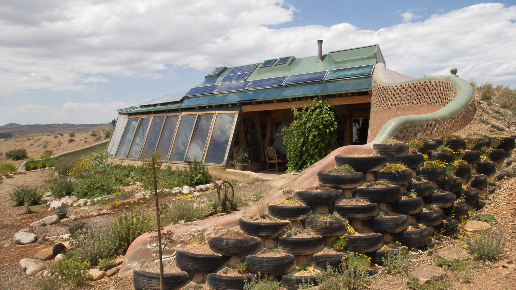 Casa Earthship na Austrália usa pneus cheios de terra, massa térmica, tubos subterrâneos e energia solar passiva para manter o interior entre 20 °C e 24,5 °C sem climatização.