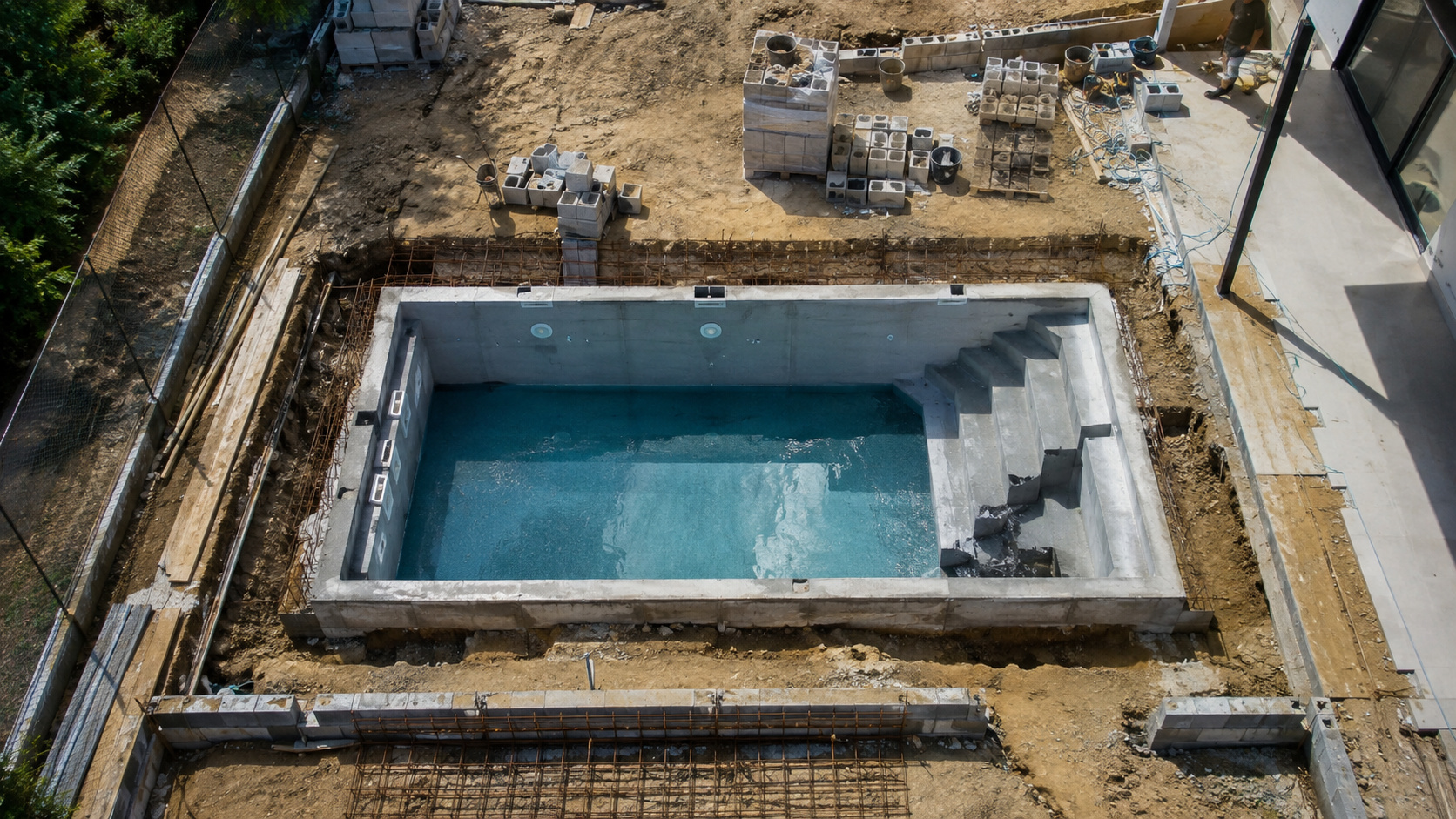 Piscina de alvenaria de 6 x 3 metros em construção vista de cima, com estrutura de concreto, ferragens, escavação e materiais de obra ao redor.