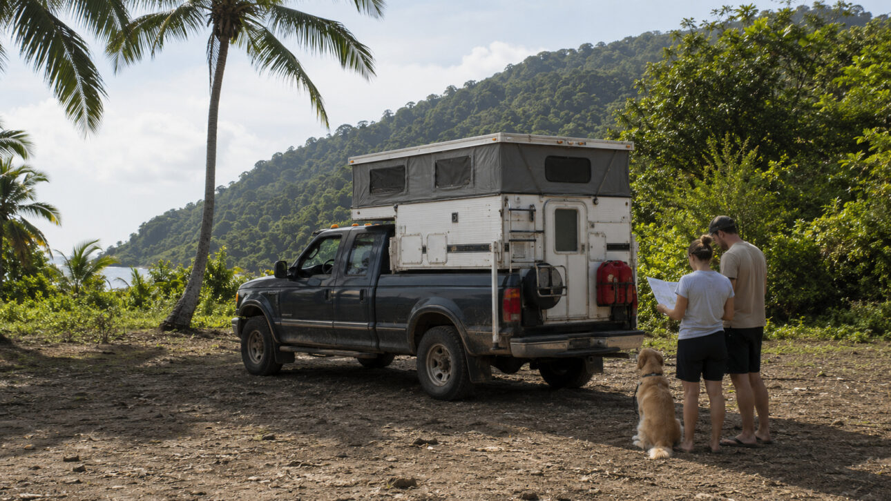 Casal consulta mapa ao lado de Ford F-250 com camper e da cadela Malta em área tropical de acampamento gratuito.