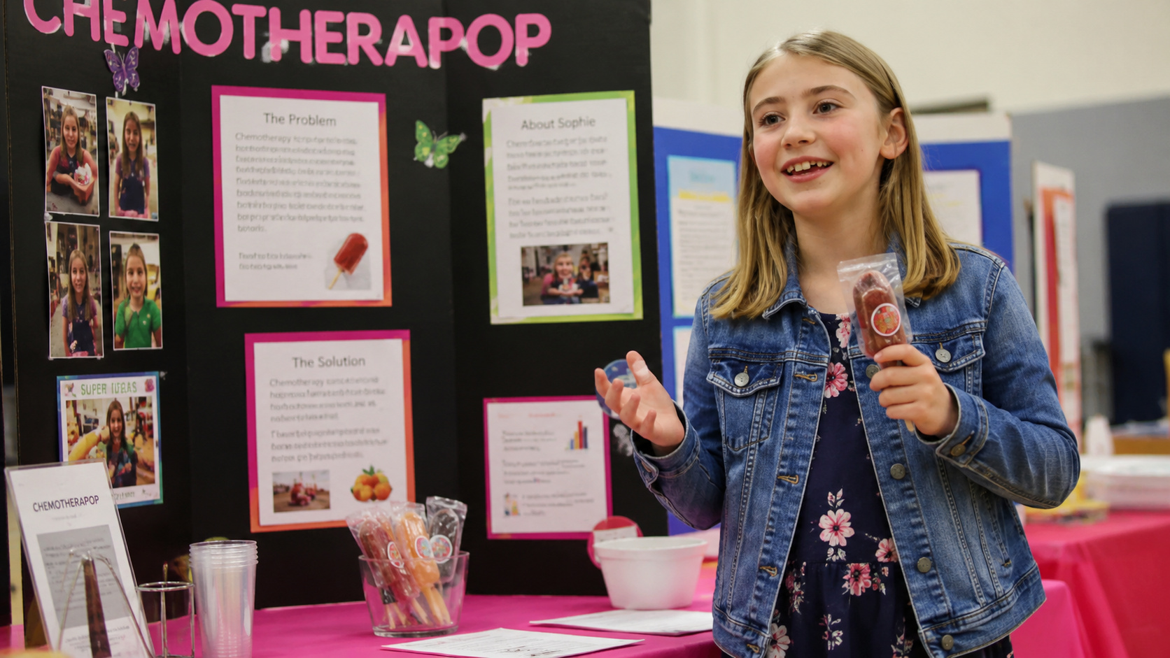 Menina apresenta picolé nutritivo ChemotheraPop diante de painel escolar sobre invenção inspirada na quimioterapia da avó.