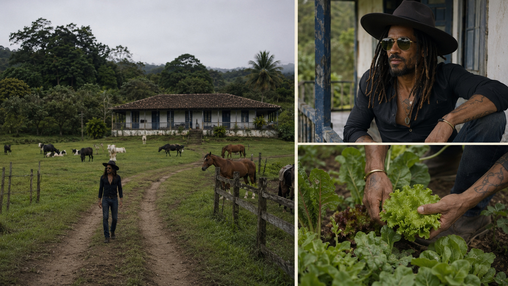 Colagem mostra Lenny Kravitz na fazenda, casarão colonial, cavalos, bovinos e colheita de alimentos orgânicos.
