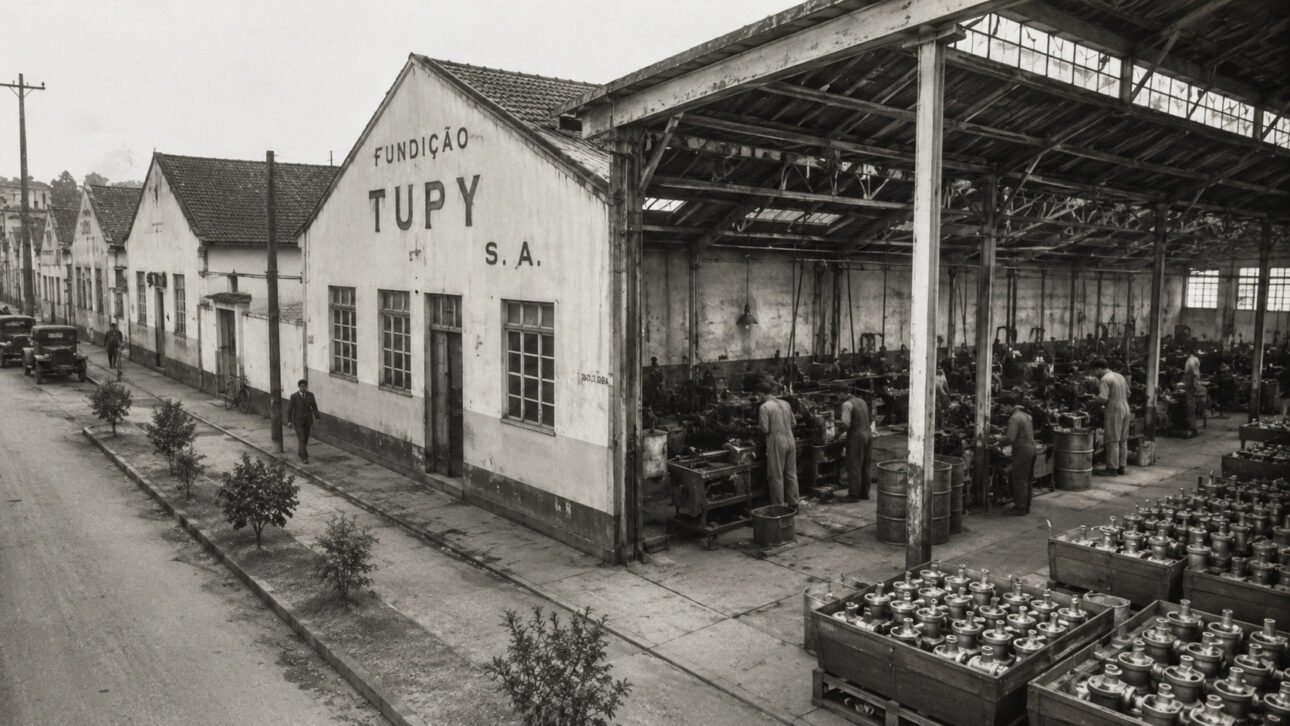 Antiga Fundição Tupy em Joinville com trabalhadores, galpão industrial e peças metálicas em ambiente que representa as origens da empresa.