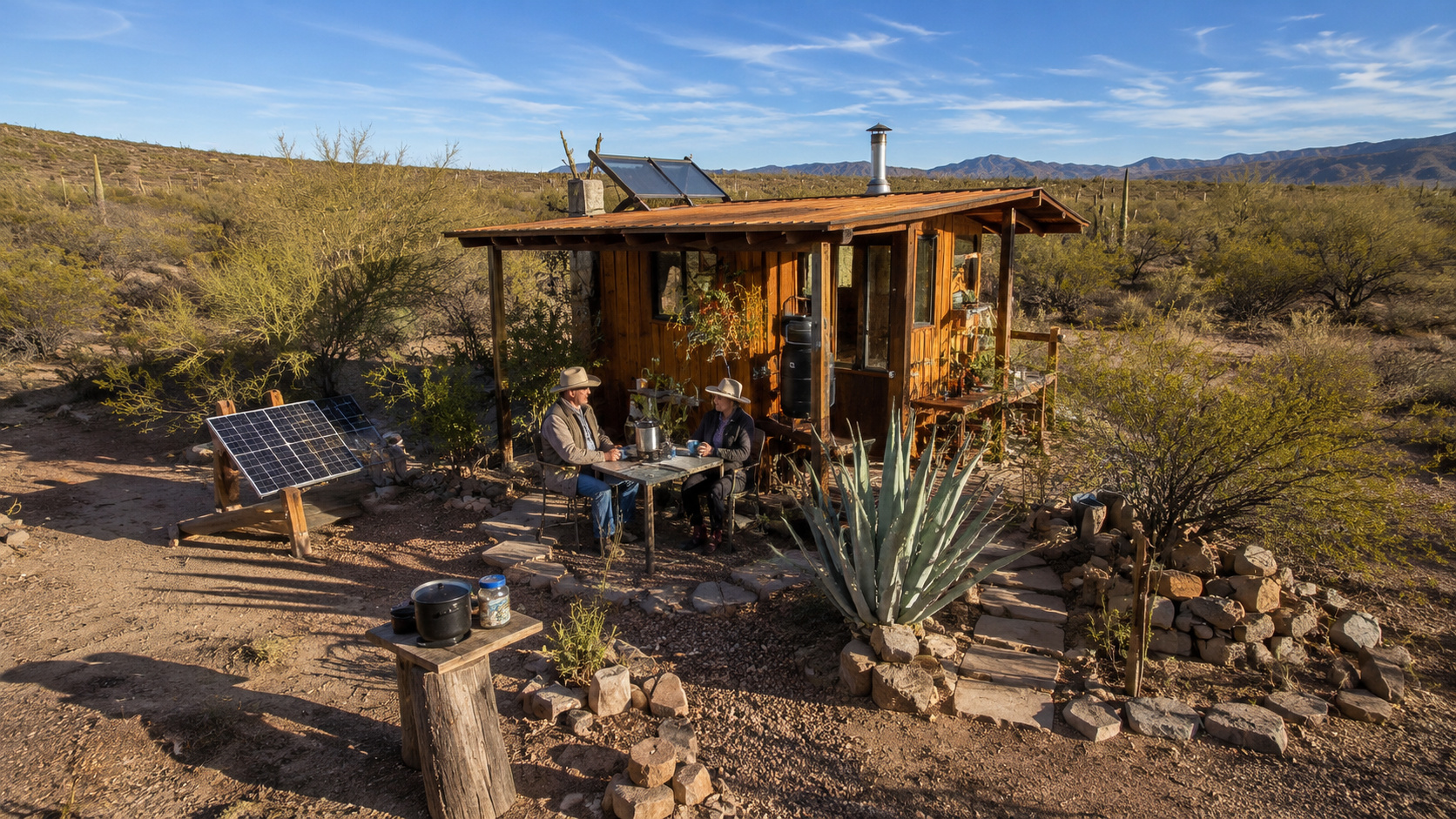 Casa de 12 m² no Deserto de Sonora com painéis solares, vegetação desértica e área externa usada pelo casal.