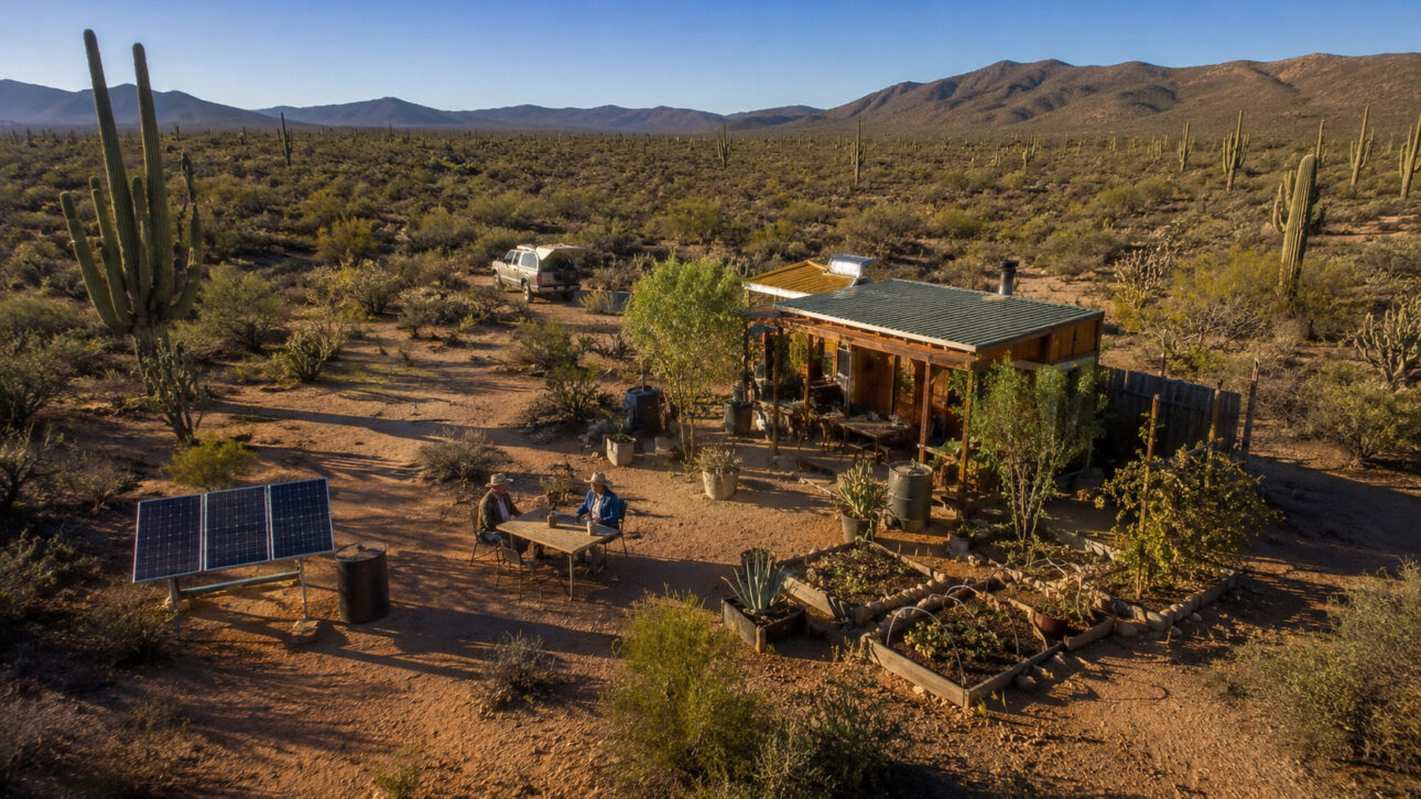 Casa de 12 m² no Deserto de Sonora cercada por cactos, com painéis solares, horta e área externa.