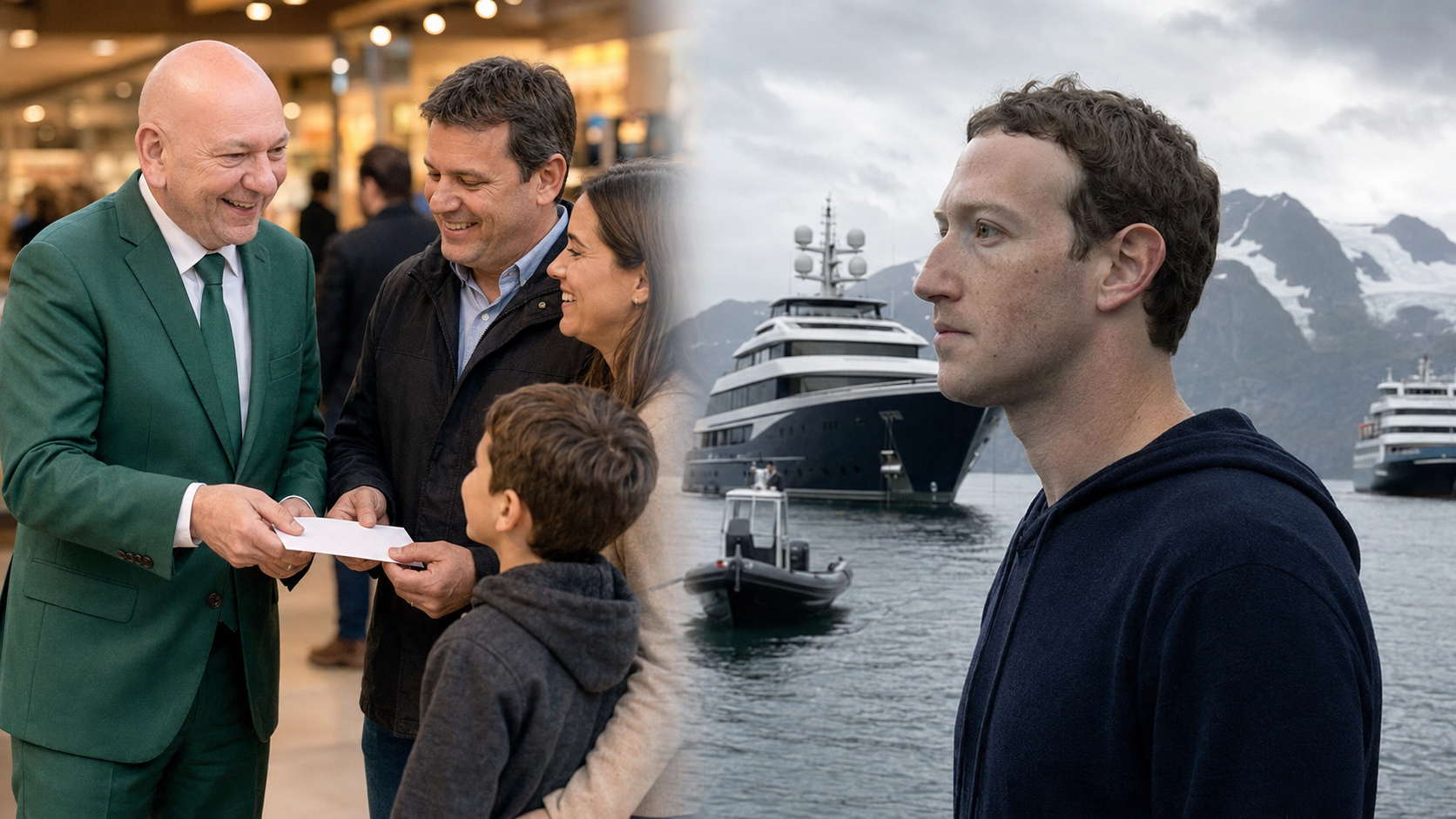 Luciano Hang entrega ajuda a uma família com uma criança, enquanto Mark Zuckerberg aparece ao lado de superiate e pequenas embarcações no Alasca.