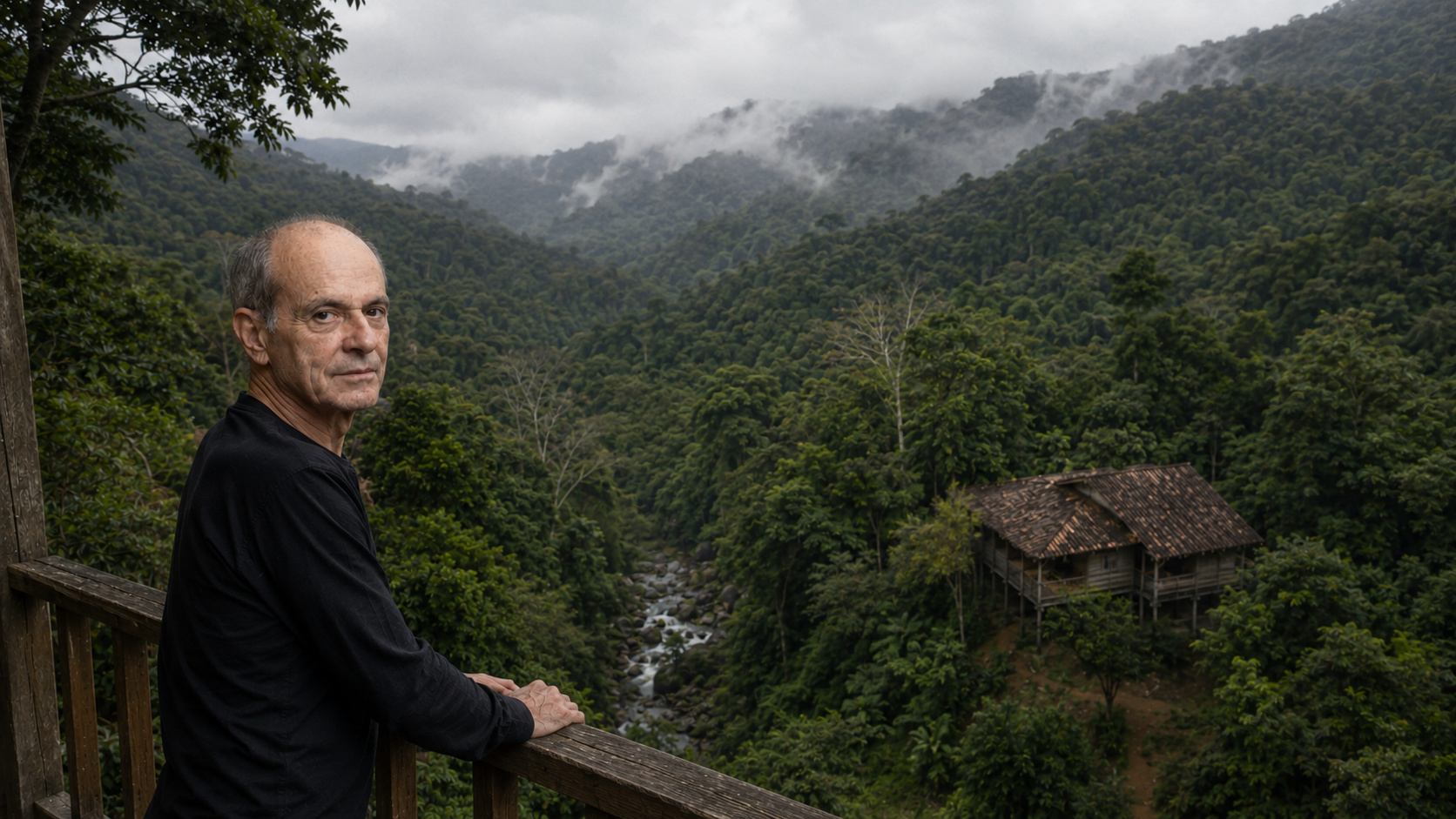 Imagem ilustrativa de Ney Matogrosso em uma varanda com vista para uma propriedade cercada pela Mata Atlântica em Saquarema.