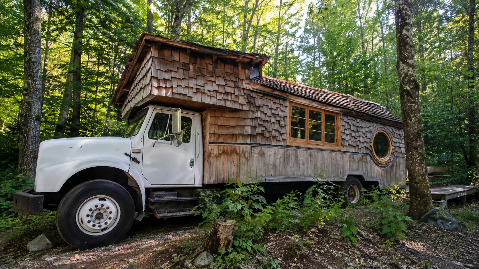 Caminhão International 4900 transformado em casa sobre rodas de madeira em meio à floresta no Canadá