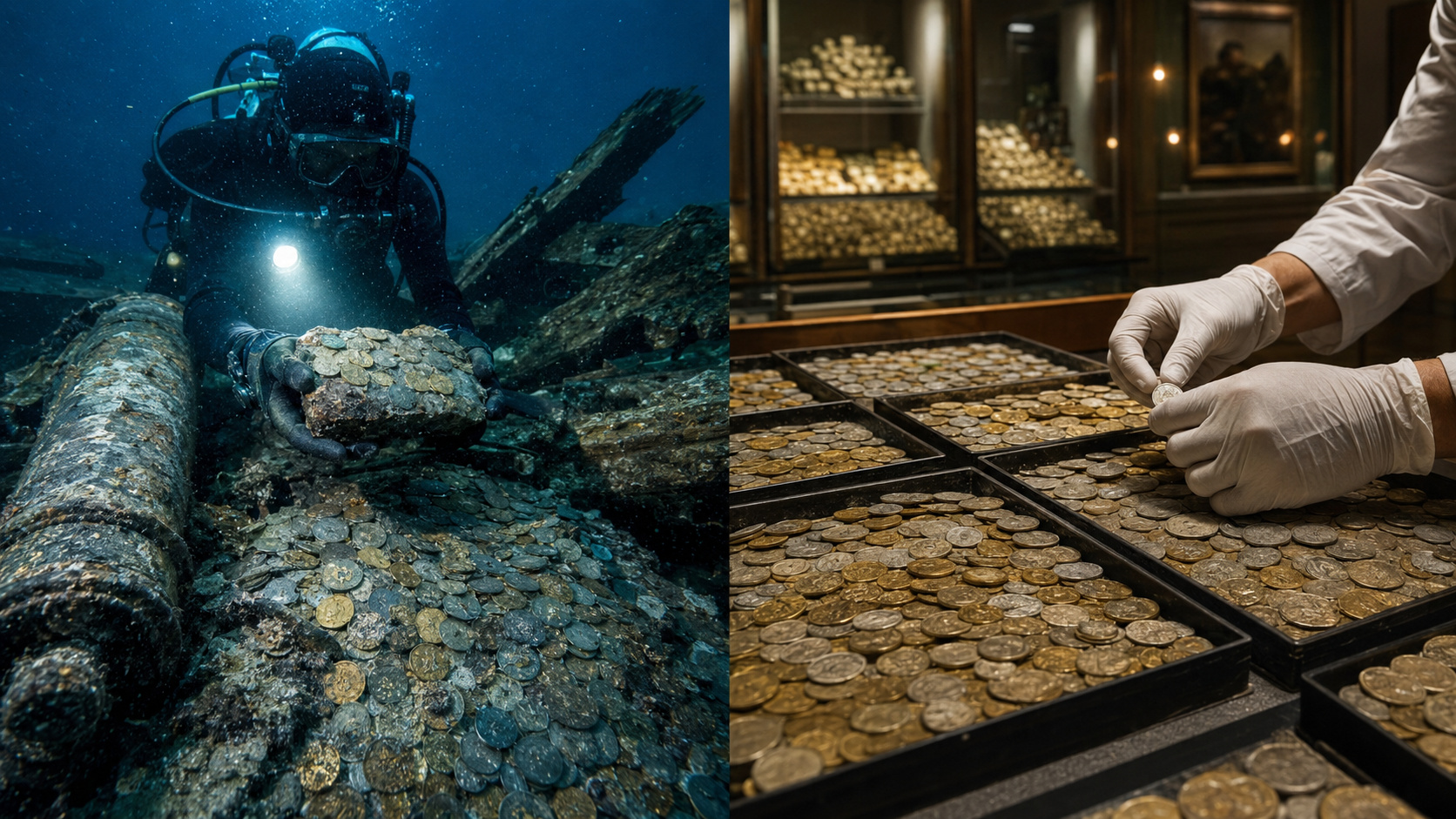 Mergulhador encontra moedas de ouro e prata em naufrágio enquanto especialista analisa o tesouro recuperado pela Odyssey.