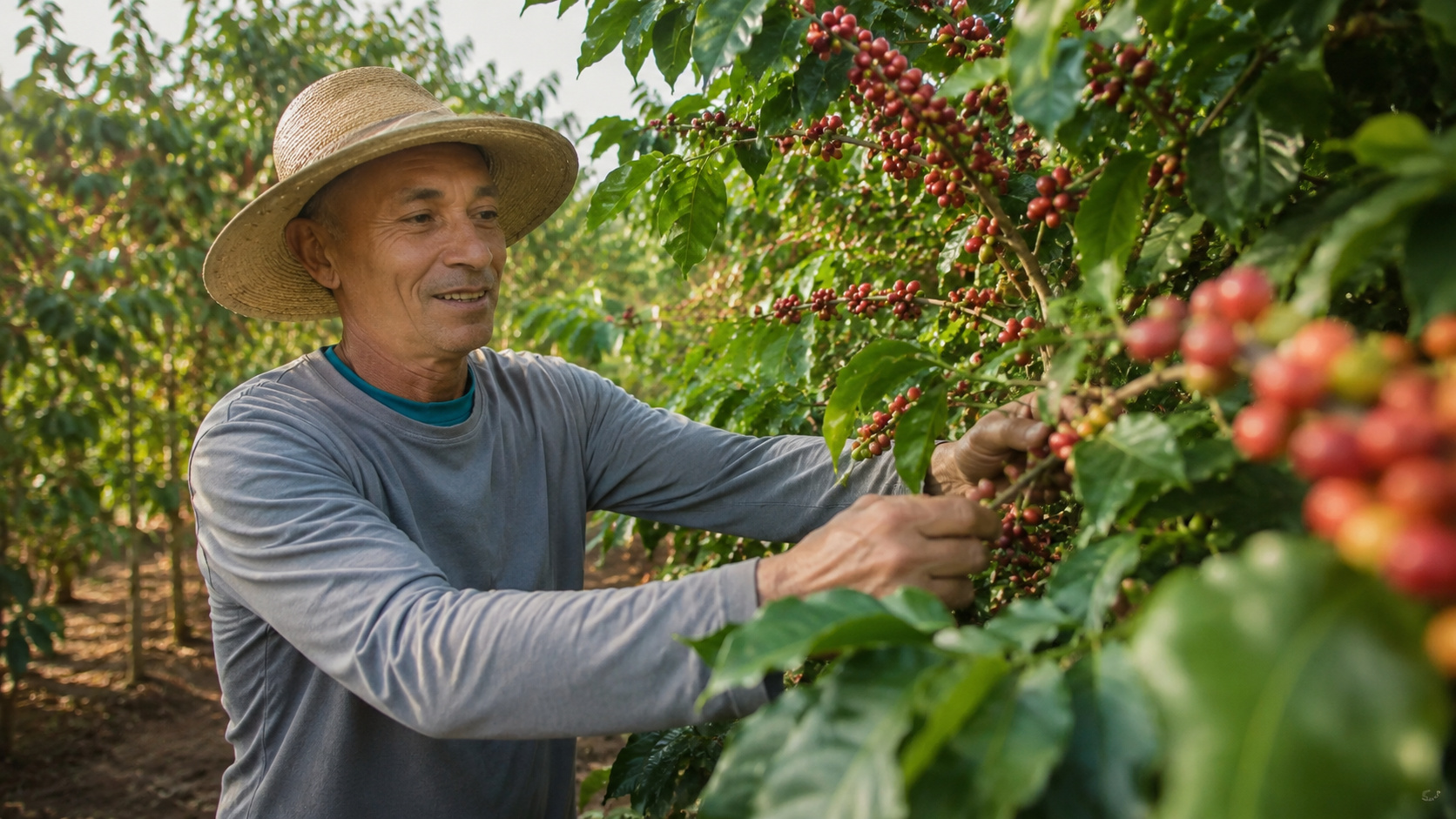 Agricultor colhe frutos maduros de café em lavoura durante período de safra em Mimoso do Sul, no Espírito Santo.