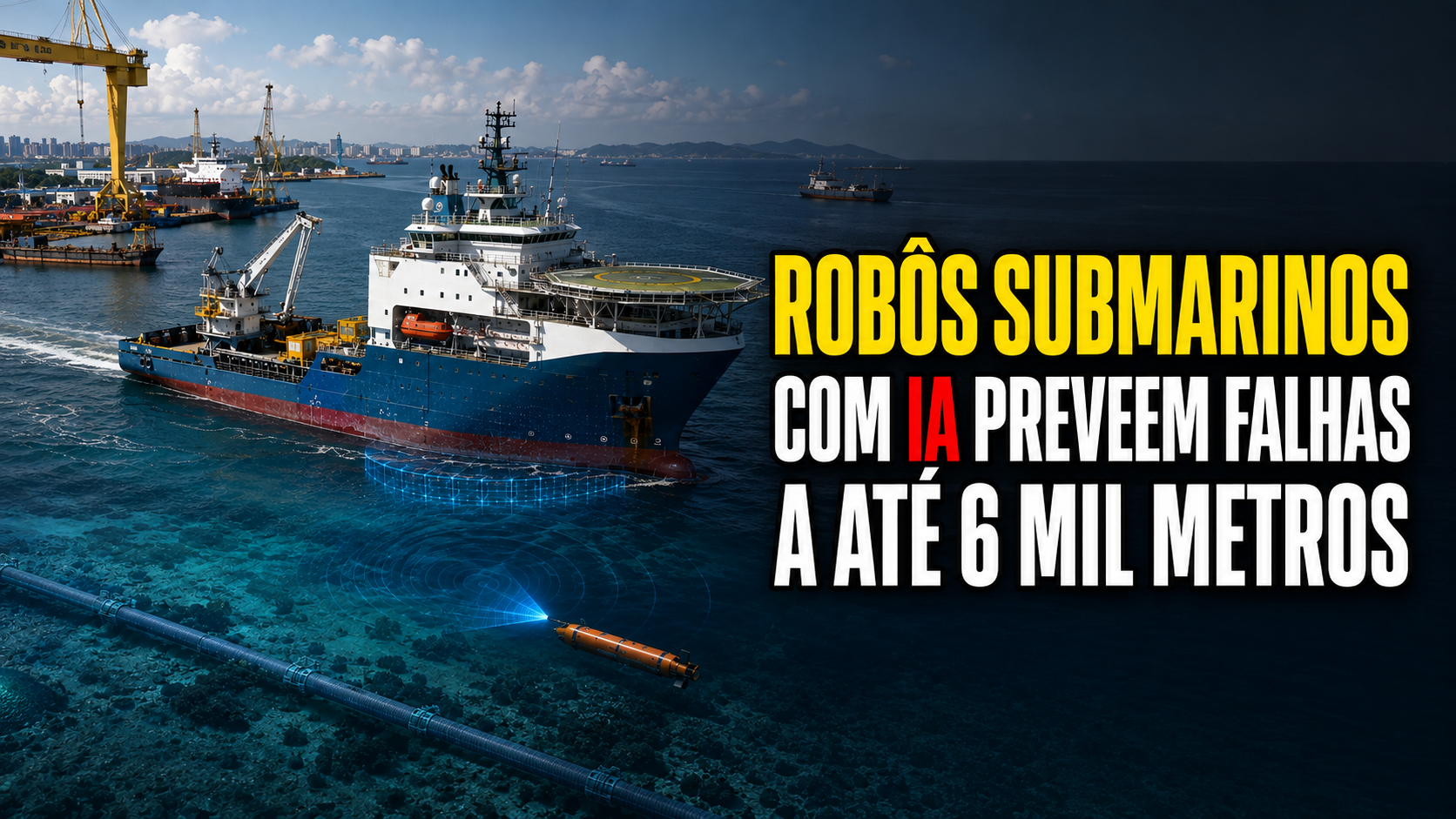 Robô submarino com inteligência artificial inspeciona duto no fundo do mar próximo a navio offshore e estaleiro brasileiro