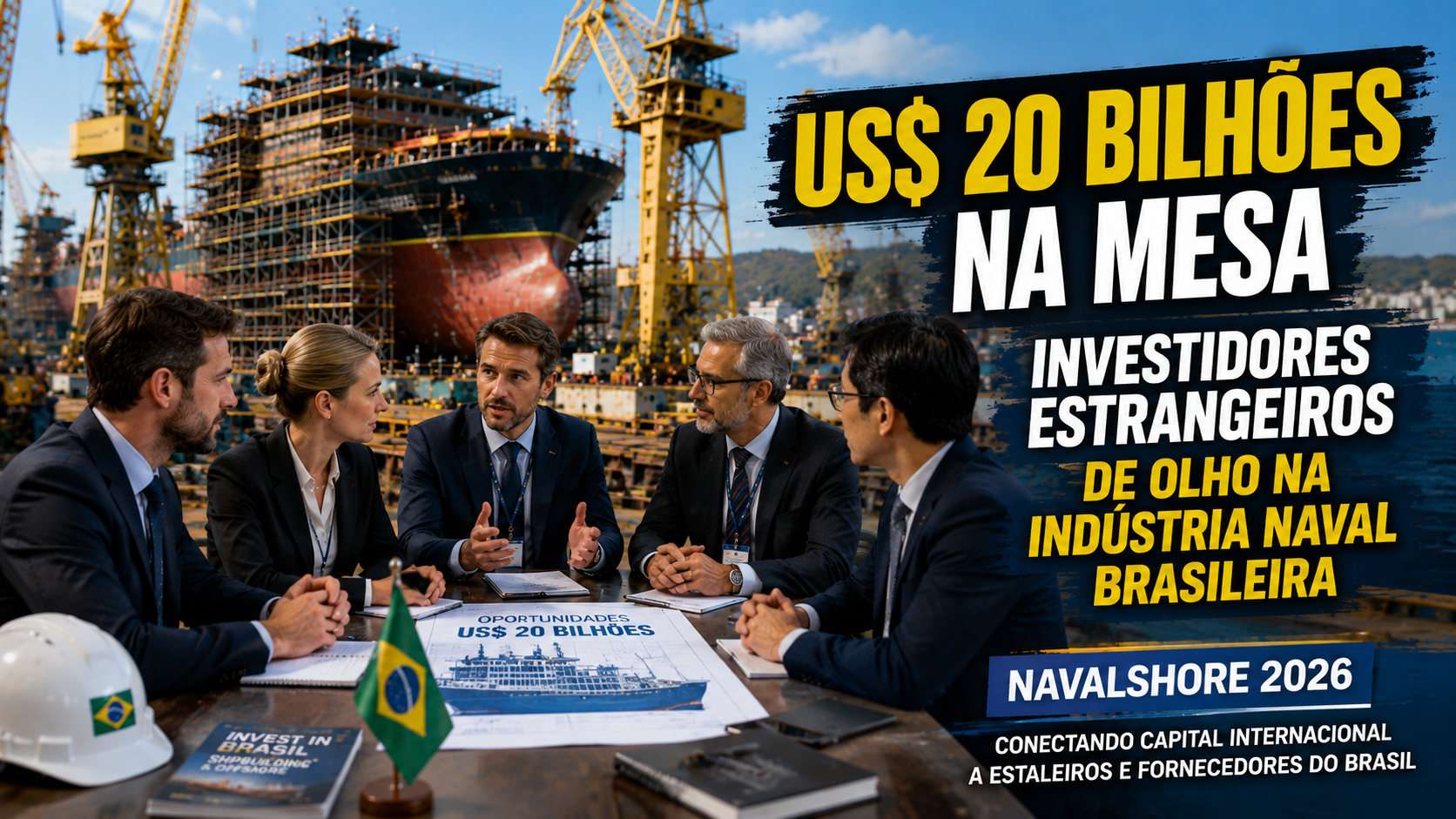 Investidores estrangeiros negociam oportunidades de US$ 20 bilhões com representantes de estaleiros e fornecedores da indústria naval brasileira durante a Navalshore 2026.