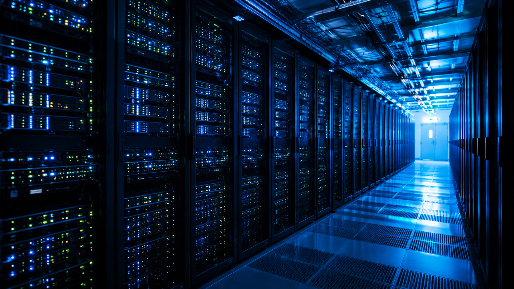 Supercomputador brasileiro de inteligência artificial representado por corredores de servidores de alto desempenho em data center.