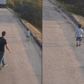 Motorista se aproxima de menino de 4 anos caminhando sozinho às margens da BR-101, em imagem ilustrativa com dois enquadramentos.