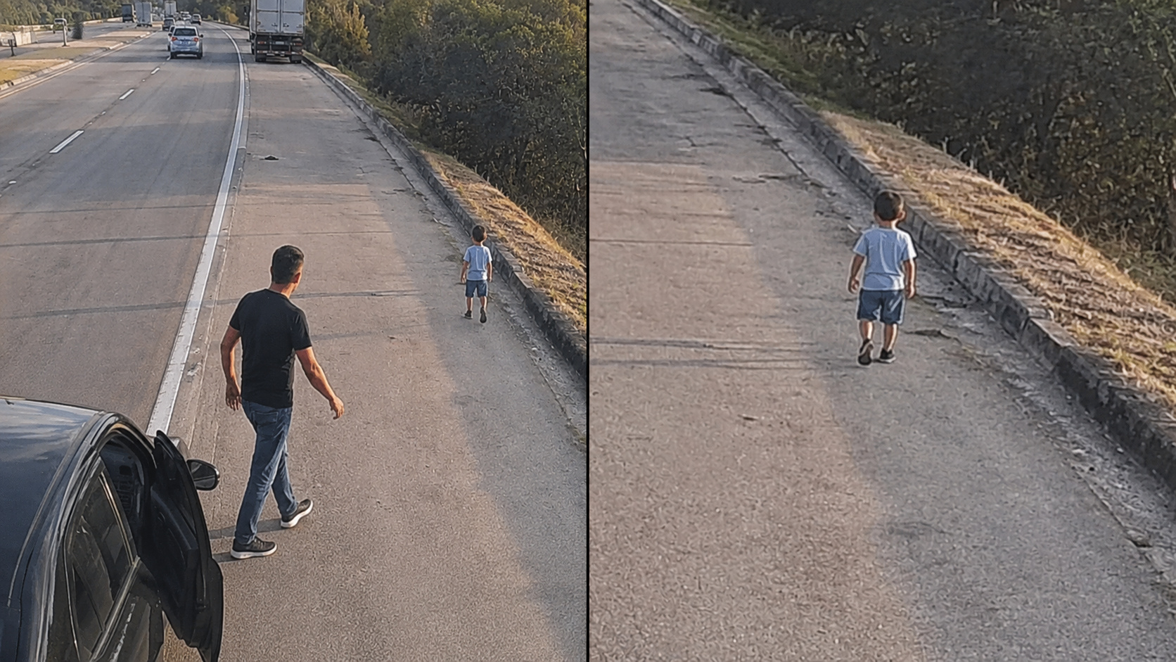 Motorista se aproxima de menino de 4 anos caminhando sozinho às margens da BR-101, em imagem ilustrativa com dois enquadramentos.