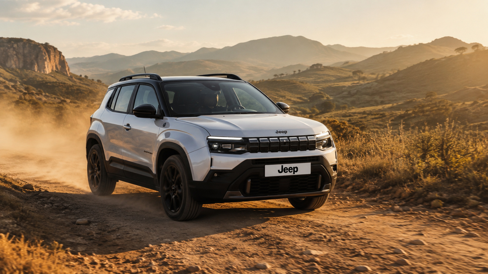 Jeep Avenger branco em estrada de terra, modelo que integra a Série Especial 85 Anos da Jeep no Brasil.