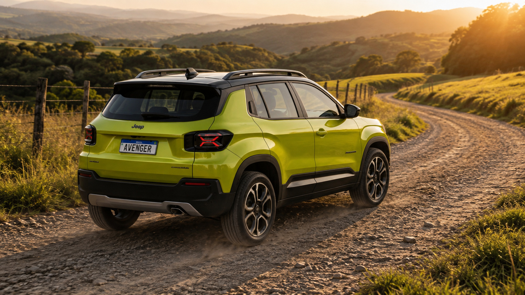 Jeep Avenger verde visto pela traseira em estrada de terra, com teto preto, lanternas em X e rodas de liga leve.