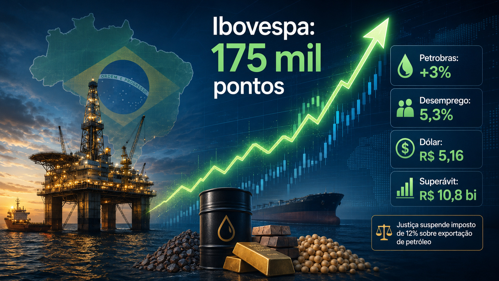 Bolsa brasileira começou o pregão pressionada, mas virou com apoio da estatal e de outras commodities; no mesmo dia, mercado absorveu desemprego historicamente baixo, dólar em alta e superávit de R$ 10,8 bilhões do Governo Central
