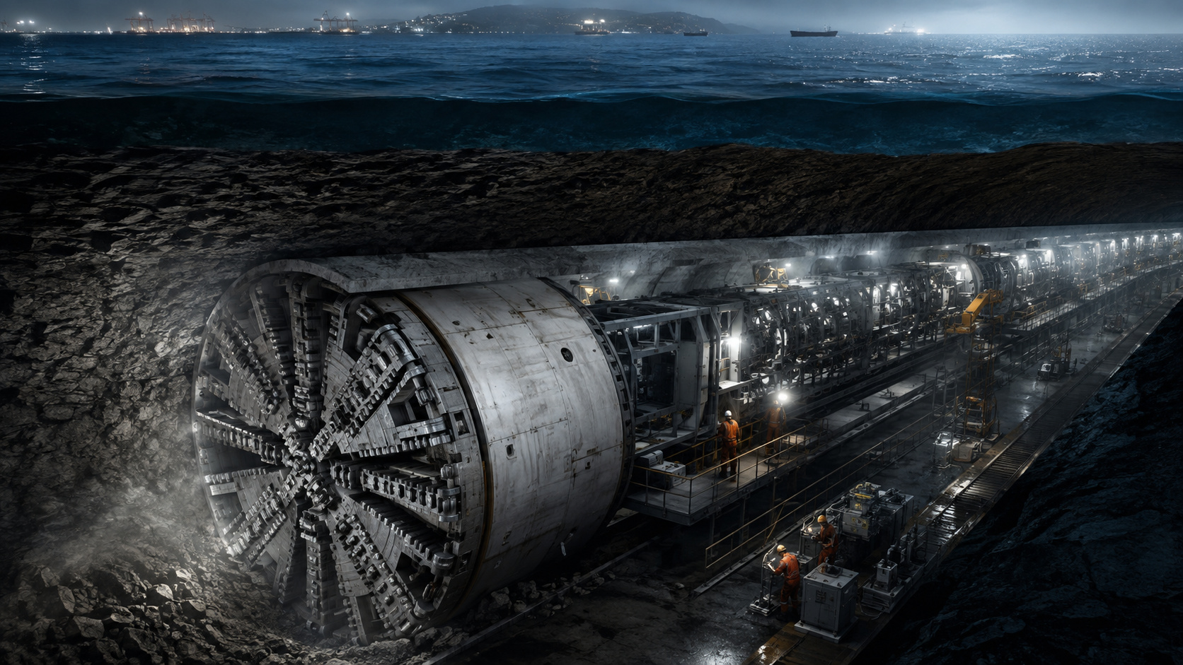 Túnel submarino de Jintang terá 11,21 km escavados por duas tuneladoras gigantes. As máquinas avançam de lados opostos, enquanto a China testa tecnologia para operações sob pressão extrema.