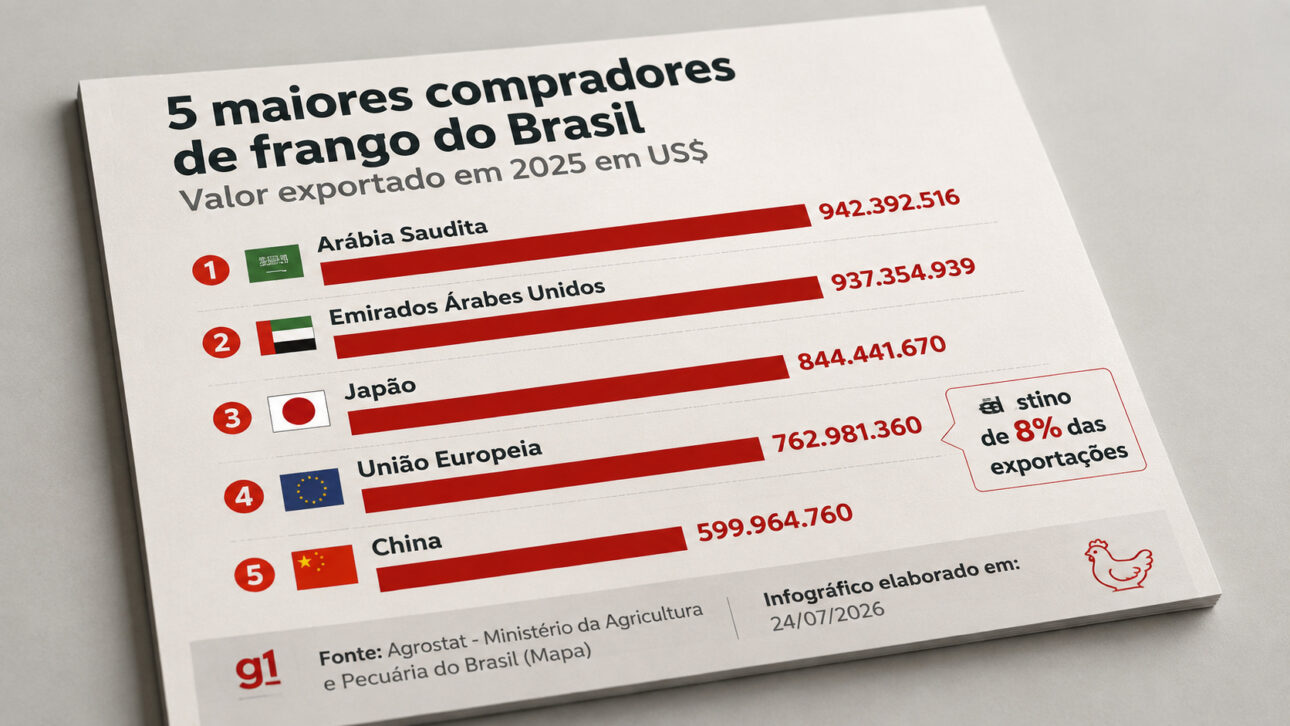 Infográfico mostra Arábia Saudita, Emirados Árabes Unidos, Japão, União Europeia e China entre os maiores compradores de frango brasileiro em 2025.