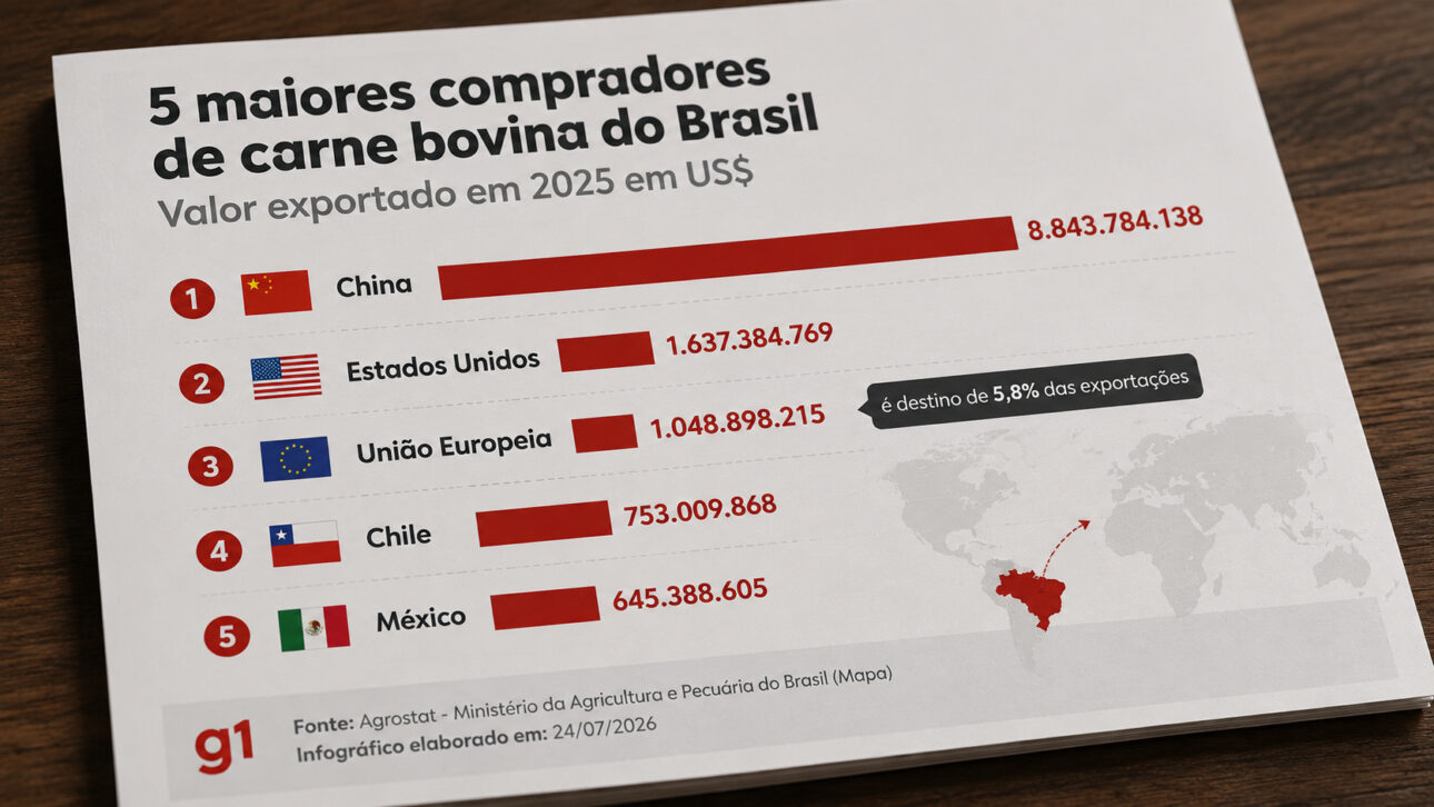 Infográfico mostra China, Estados Unidos, União Europeia, Chile e México entre os maiores compradores de carne bovina do Brasil em 2025.