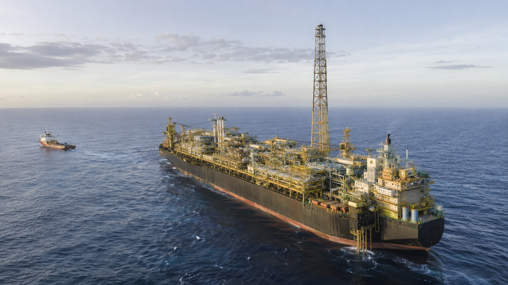 Plataforma offshore de petróleo e navio de apoio representam as operações da BW Energy no Brasil e no Gabão.