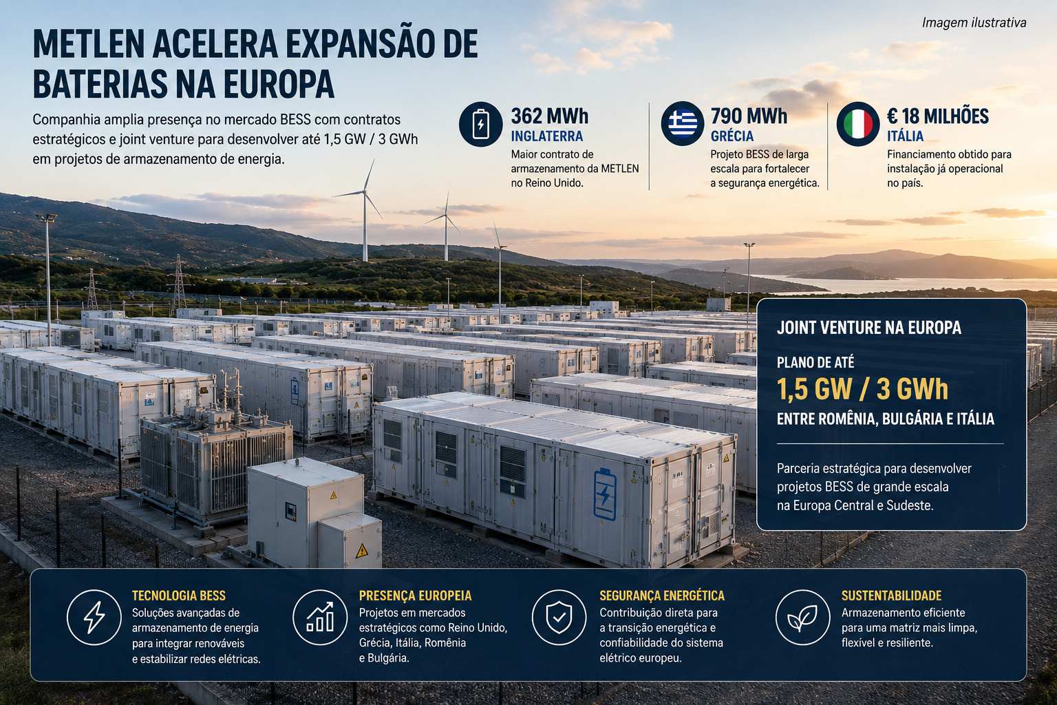 METLEN espalha projetos BESS pela Europa, fecha seu maior contrato de armazenamento no Reino Unido, obtém € 18 milhões para instalação italiana já operacional e avança com joint venture que pretende desenvolver até 1,5 GW/3 GWh.