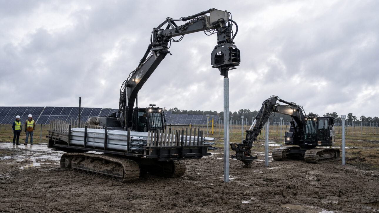 Robôs sobre esteiras transportam e cravam estacas de aço durante a construção automatizada de uma usina solar.