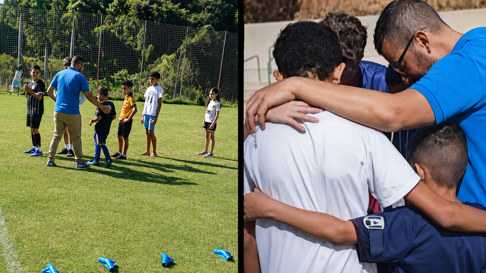 Leonardo Benevides com crianças durante treino de futebol em Jundiaí