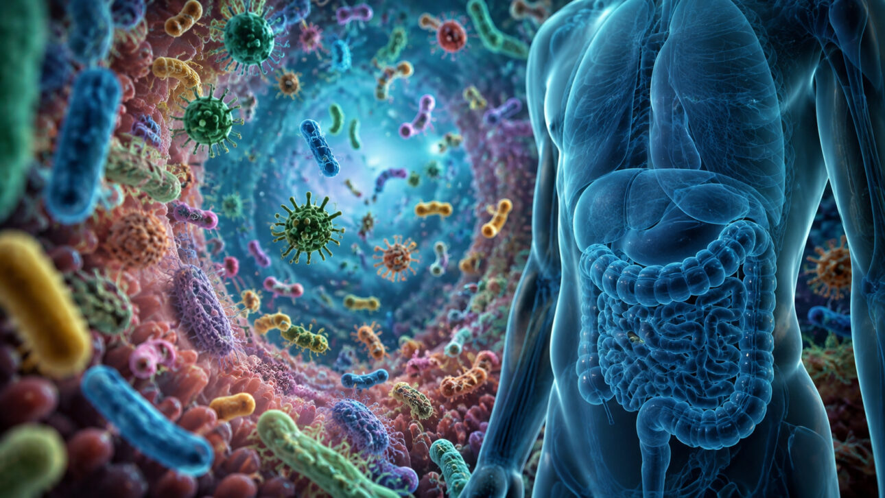 Ilustração do sistema digestivo humano cercado por bactérias e outros microrganismos que representam o microbioma intestinal.