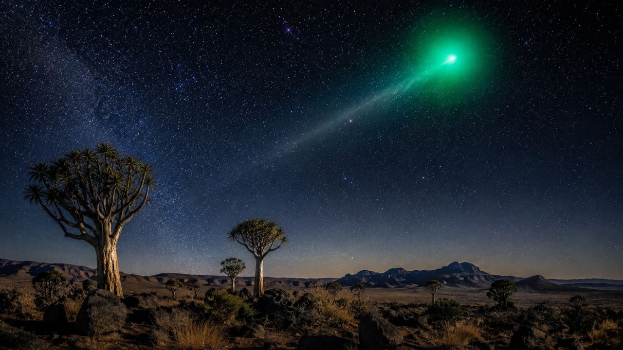 Comet 220P/McNaught shone near the Sun, photographed in Namibia with a green coma, and is moving through the Solar System in unusual activity.