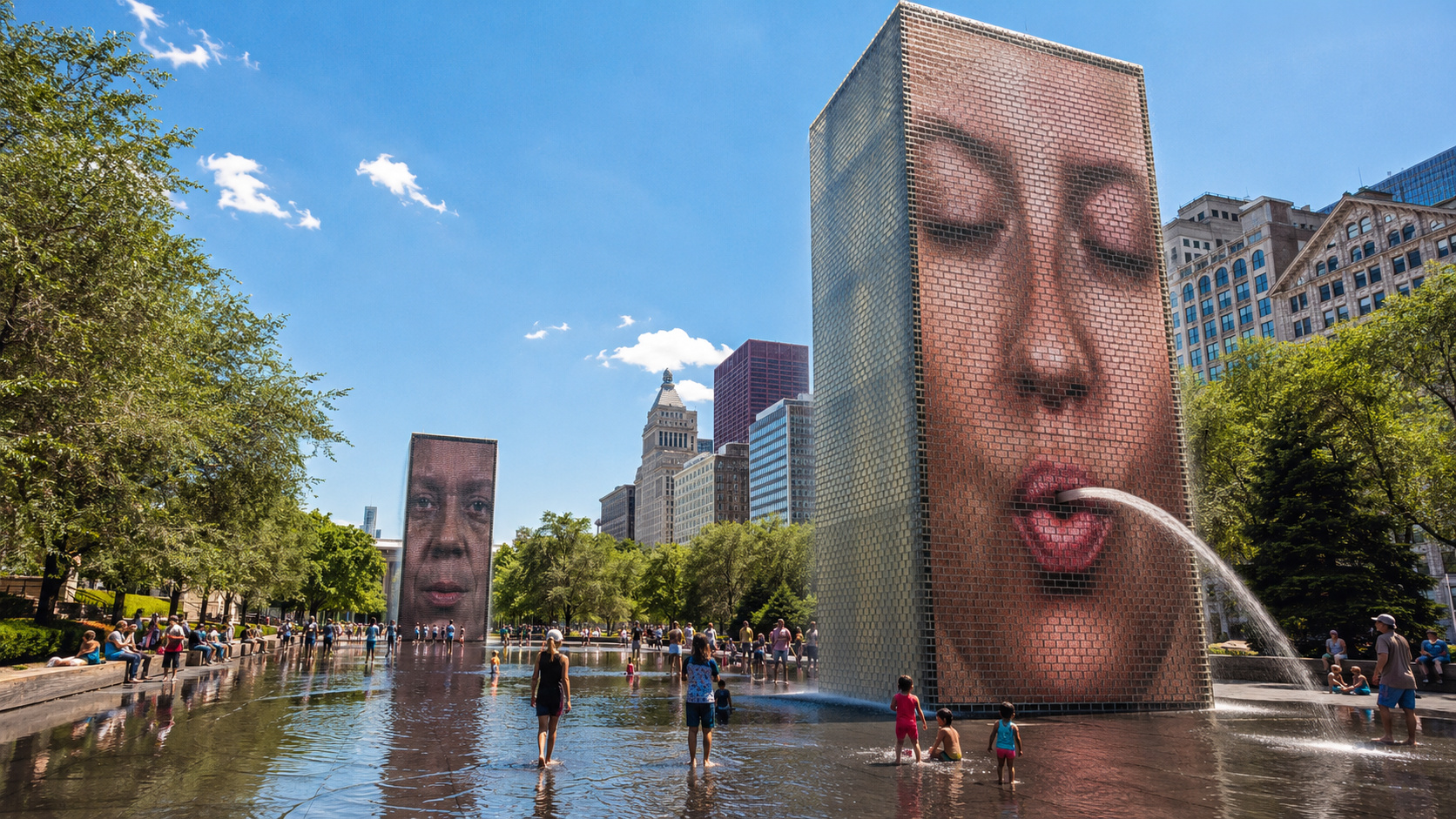 Crown Fountain ocupa o Millennium Park com duas torres de tijolos de vidro