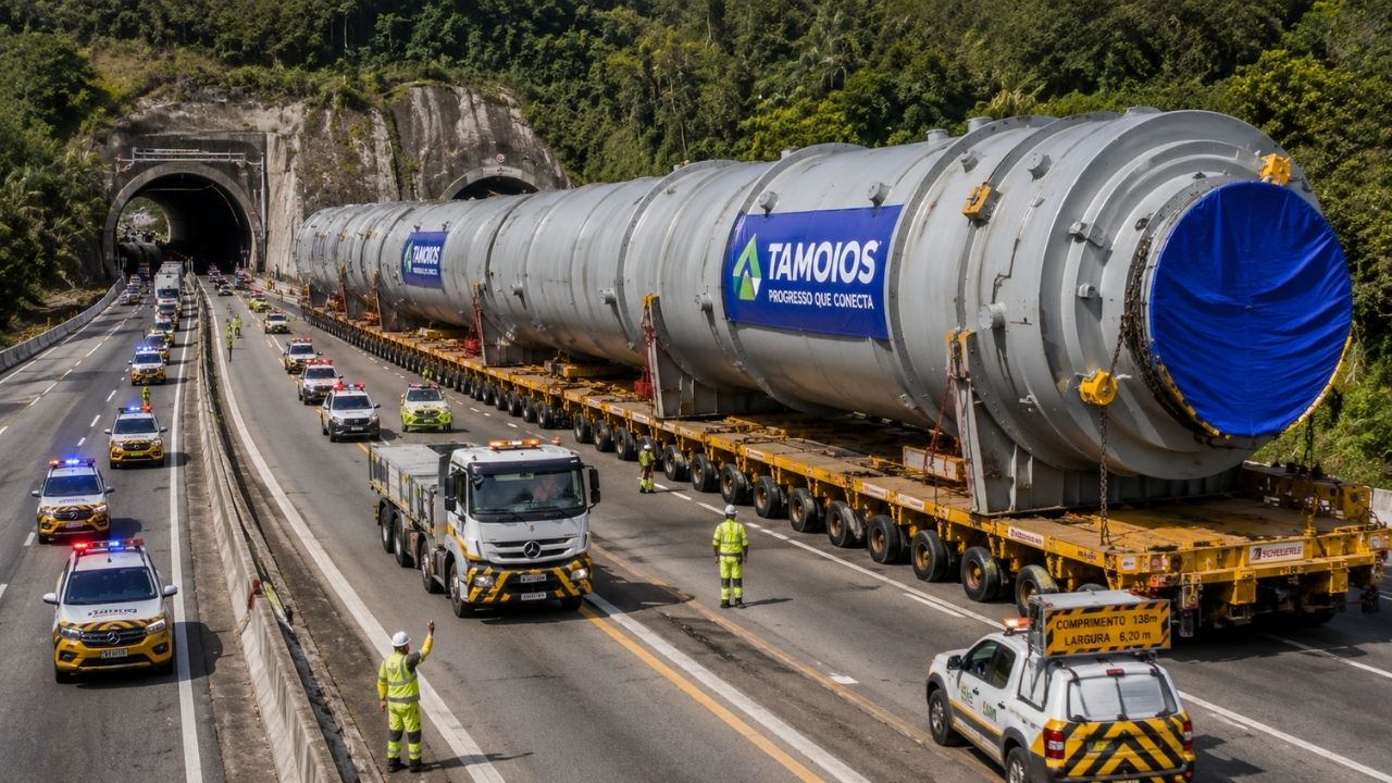 Depois de um estator de 517 toneladas, Tamoios recebe um gigante ainda maior de 845 toneladas e 138 metros, fecha túneis da Serra Nova para a passagem, mobiliza escolta e bloqueios e prepara (2)