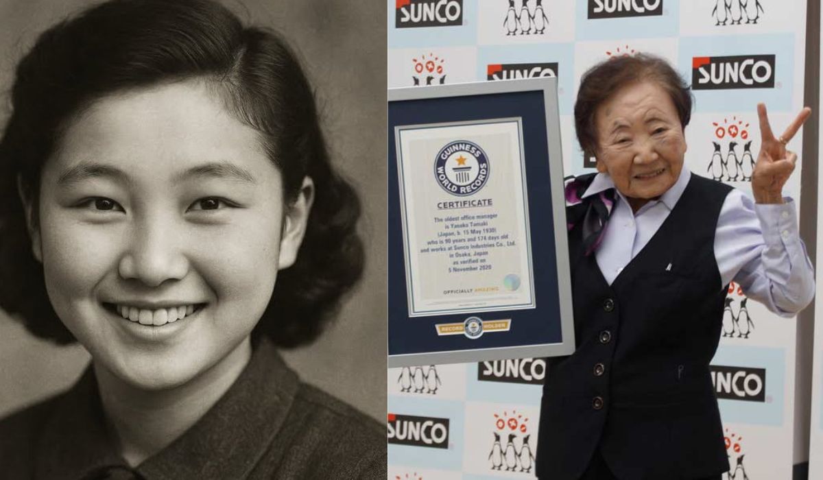 Japonesa Yasuko Tamaki entrou na Sunco em 1956, trabalhou até os 90 anos em tempo integral e entrou para o Guinness pela longevidade. (Imagem: Guiness/Montagem)