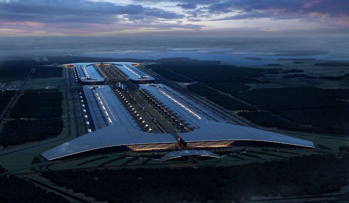 Renderização oficial mostra como deverá ser a Terafab, complexo de semicondutores planejado pela SpaceX e Tesla no condado de Grimes, no Texas. Crédito: SpaceX / Terafab.