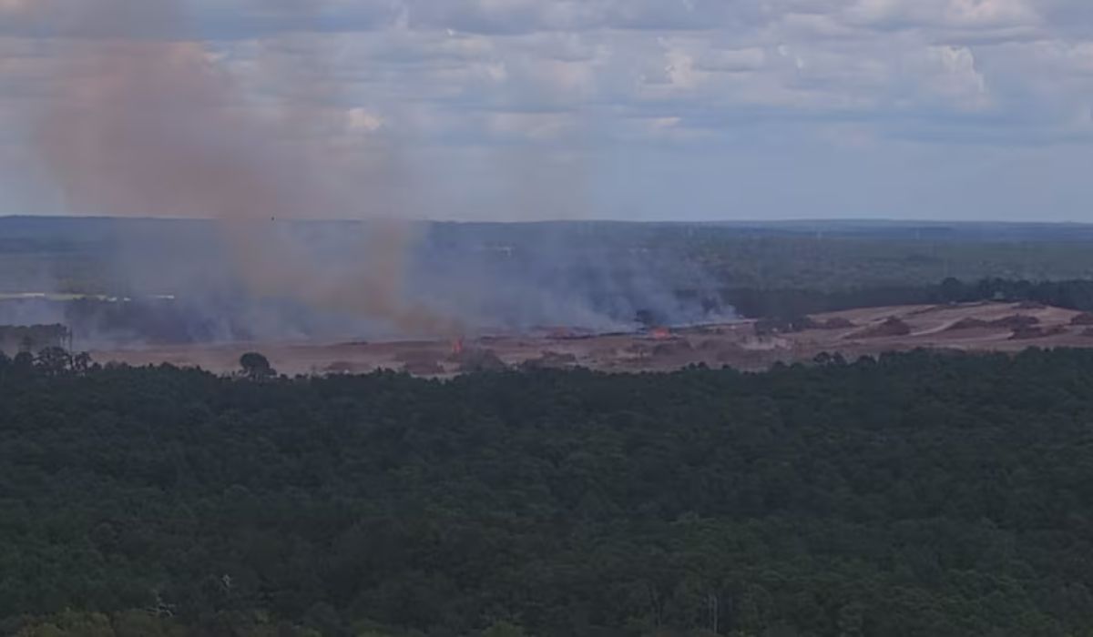 Imagem de drone mostra movimentação e limpeza de terreno na região apontada como futura área da Terafab, em Grimes County, no Texas. Crédito: KBTX.