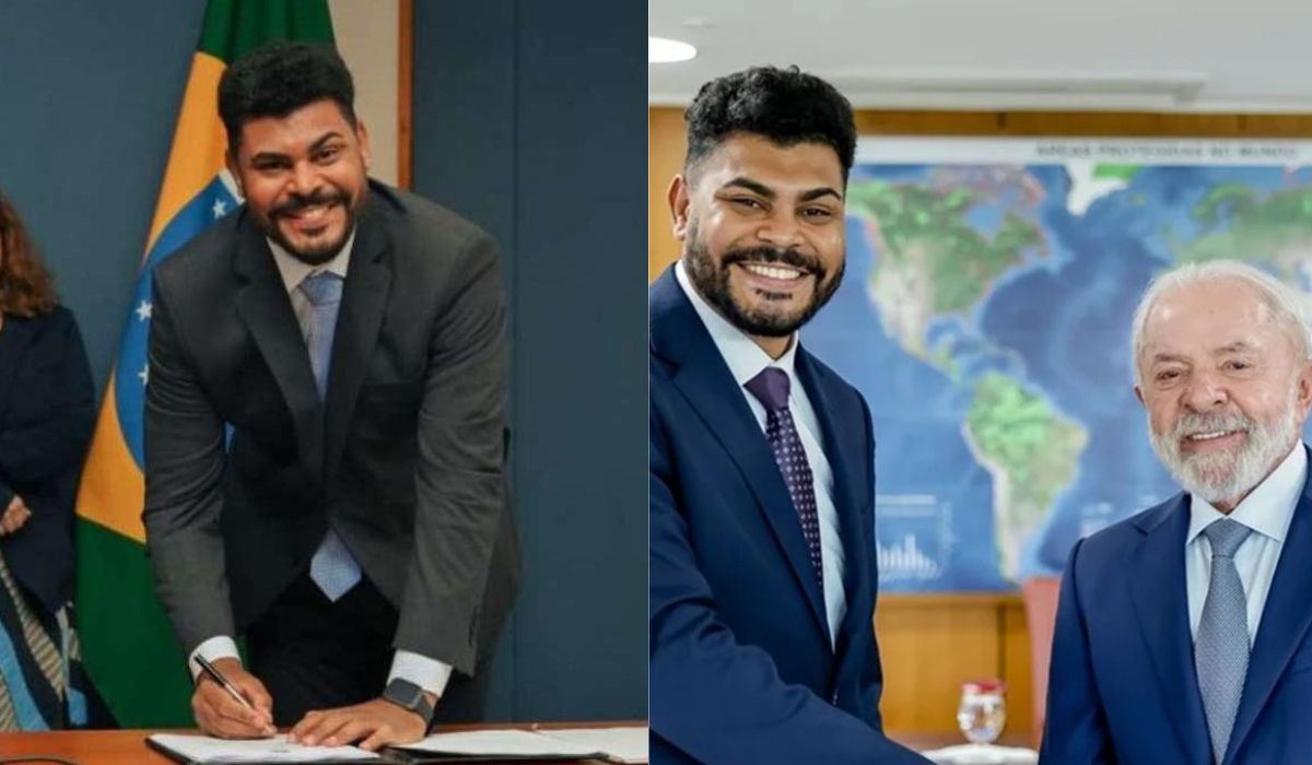 Douglas Rocha durante a trajetória que o levou ao Itamaraty e, à direita, ao lado do presidente Luiz Inácio Lula da Silva após a aprovação na carreira diplomática. Fotos: Montagem/Arquivo pessoal (esq.) e Ricardo Stuckert/PR (dir.)