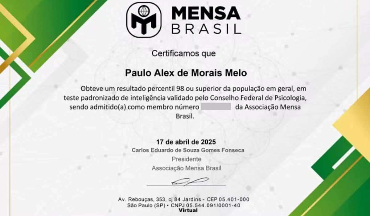Certificado da Mensa Brasil registra a admissão de Paulo Alex após resultado no percentil 98 ou superior em teste padronizado de inteligência. Crédito: Arquivo pessoal / g1.