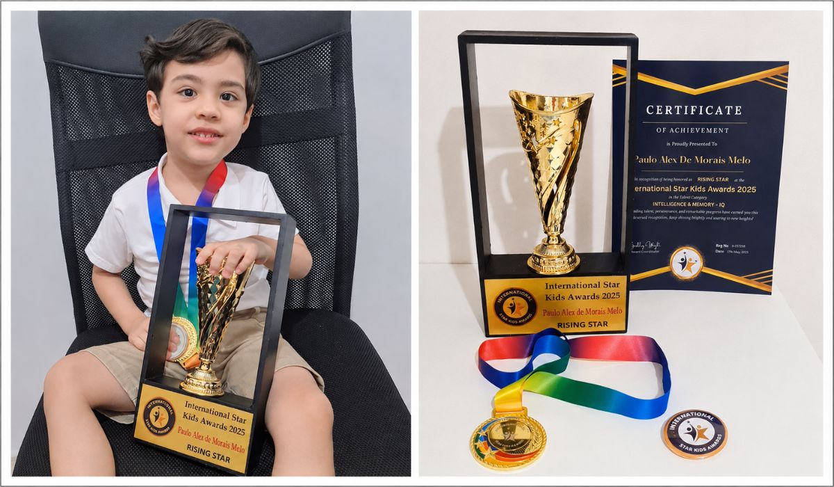 Paulo Alex Melo, de 3 anos, aparece com a medalha e o troféu Rising Star recebidos no International Star Kids Awards 2025. Crédito: Reprodução