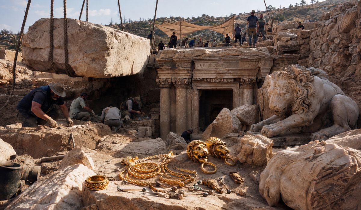 Na Grécia, arqueólogos acharam joias de ouro, leões de mármore e um monumento funerário com mais de 2,3 mil anos na antiga cidade de Rypes. (Imagem: Ilustrativa)
