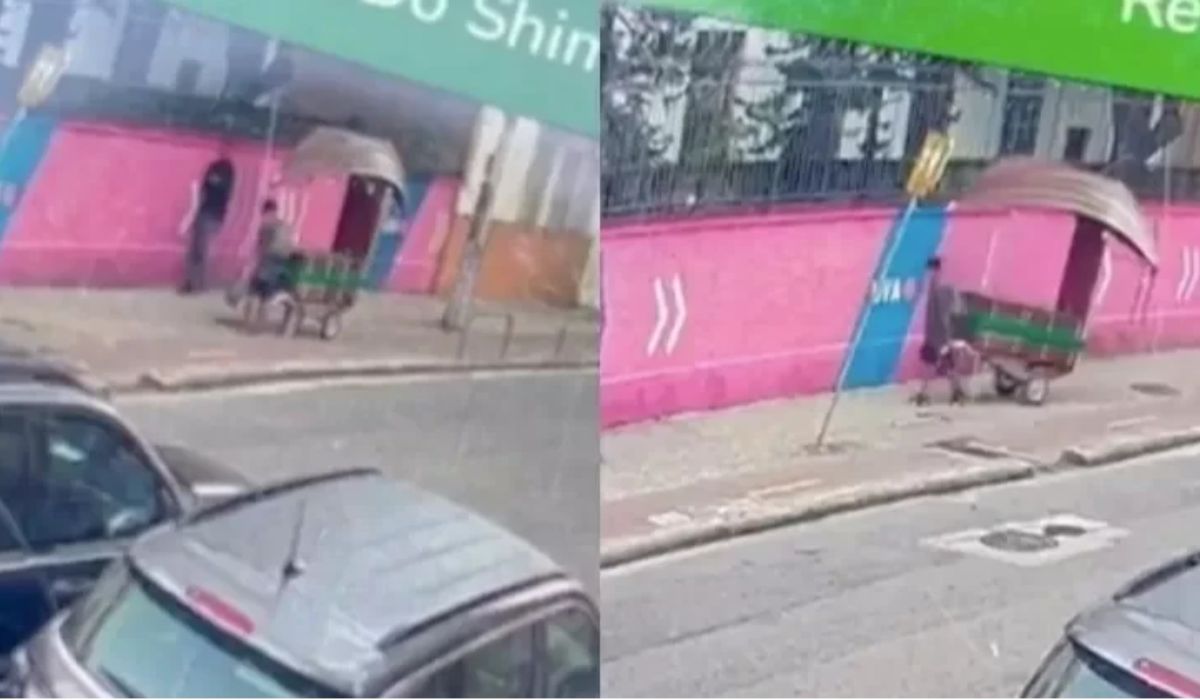 Imagens de segurança registraram o momento em que o carrinho ligado ao negócio de Daniel Erthal foi levado em Botafogo - Crédito: Reprodução via UOL