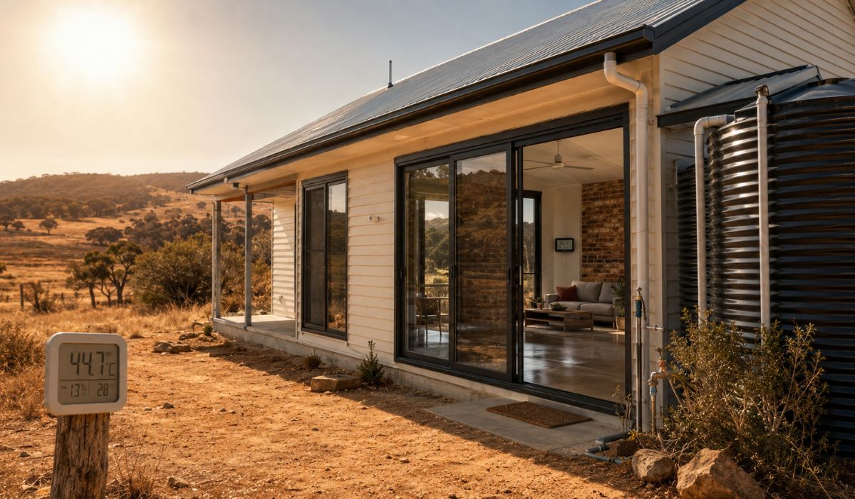 Casa australiana mantém 24,9°C mesmo com 44,7°C do lado de fora usando arquitetura passiva, sensores e 4.500 litros de água como massa térmica. - Imagem: Ilustrativa