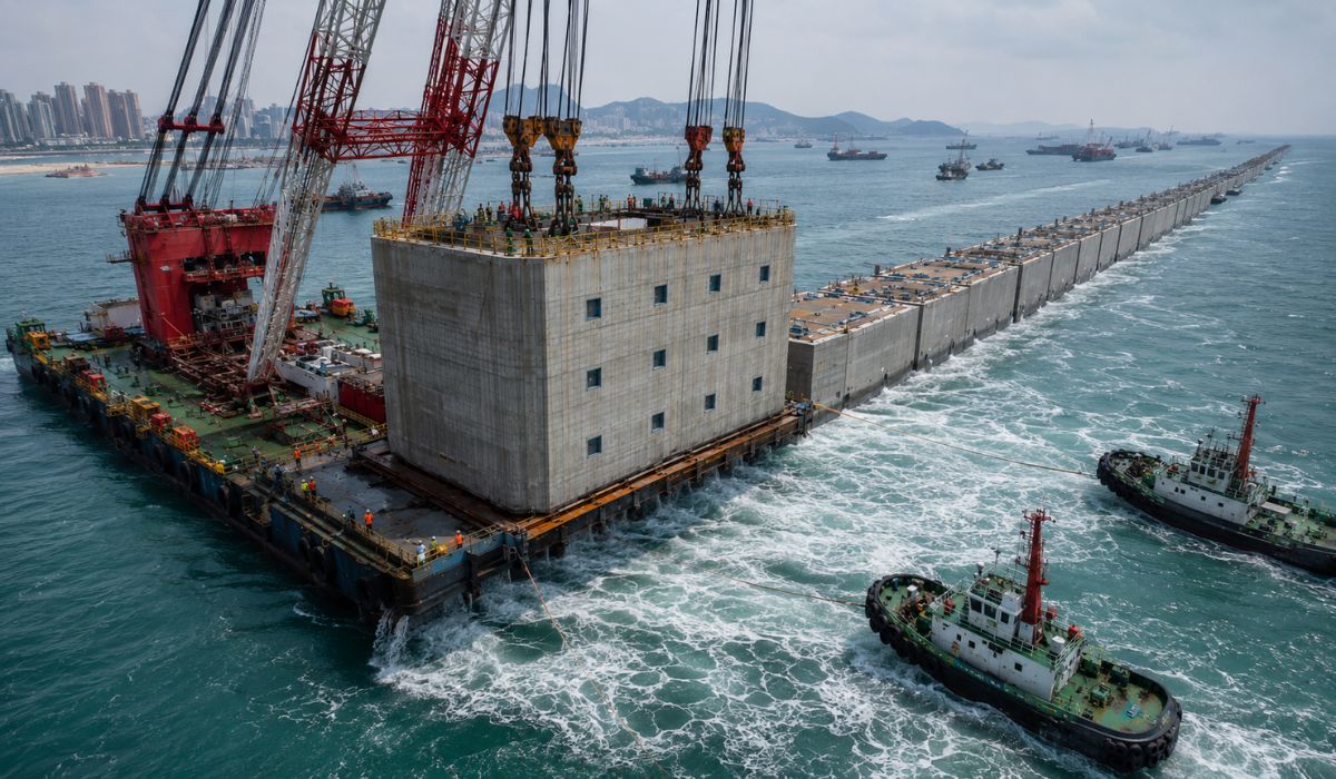 China instala caixões de 3.500 toneladas no mar para formar quebra-mar de 675 metros com GPS e precisão centimétrica em Qingdao, na China. - Imagem: Ilustrativa