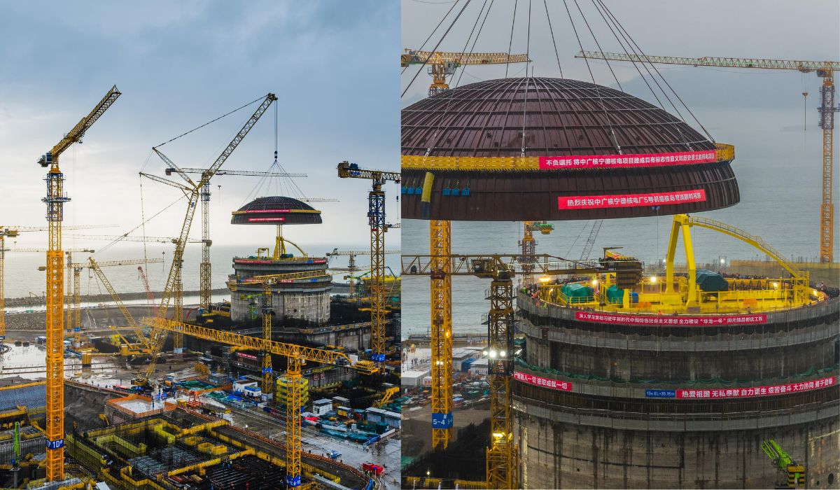 China instala cúpula nuclear de 270 toneladas e 45 metros sobre reator Hualong One em manobra de 2h45 com precisão de apenas 6 milímetros. - Crédito: Montagem/CGN, via World Nuclear News.